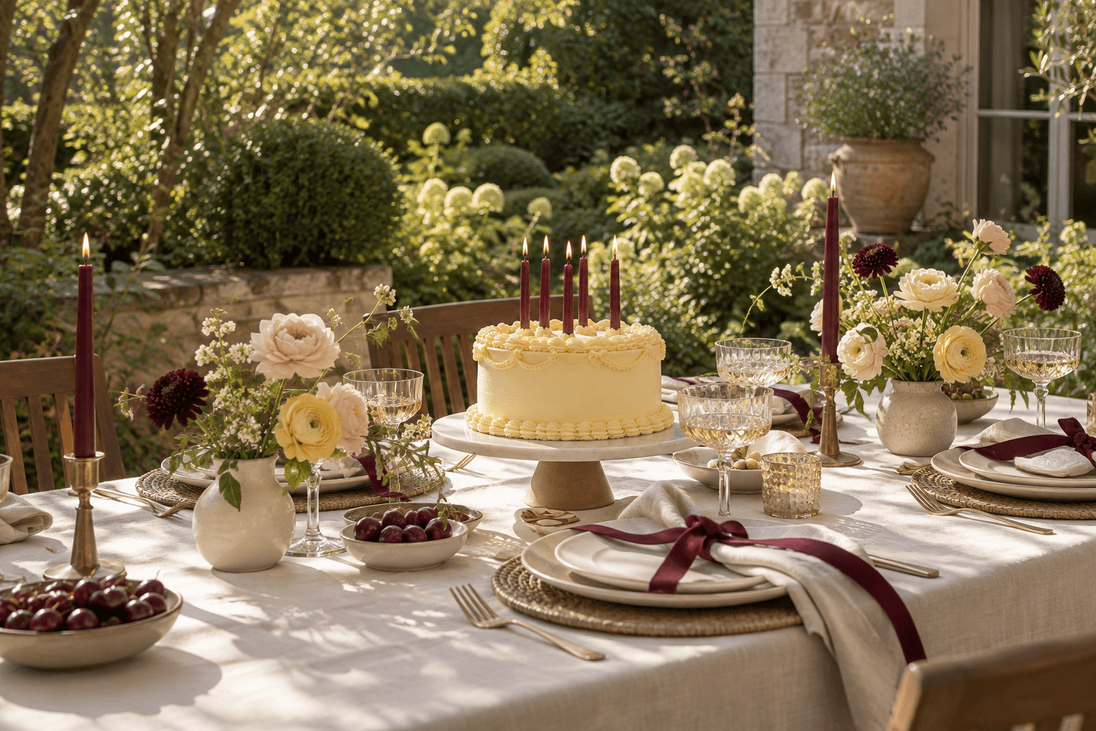 A birthday cake with burgundy candles on a garden table, among roses and glasses of wine