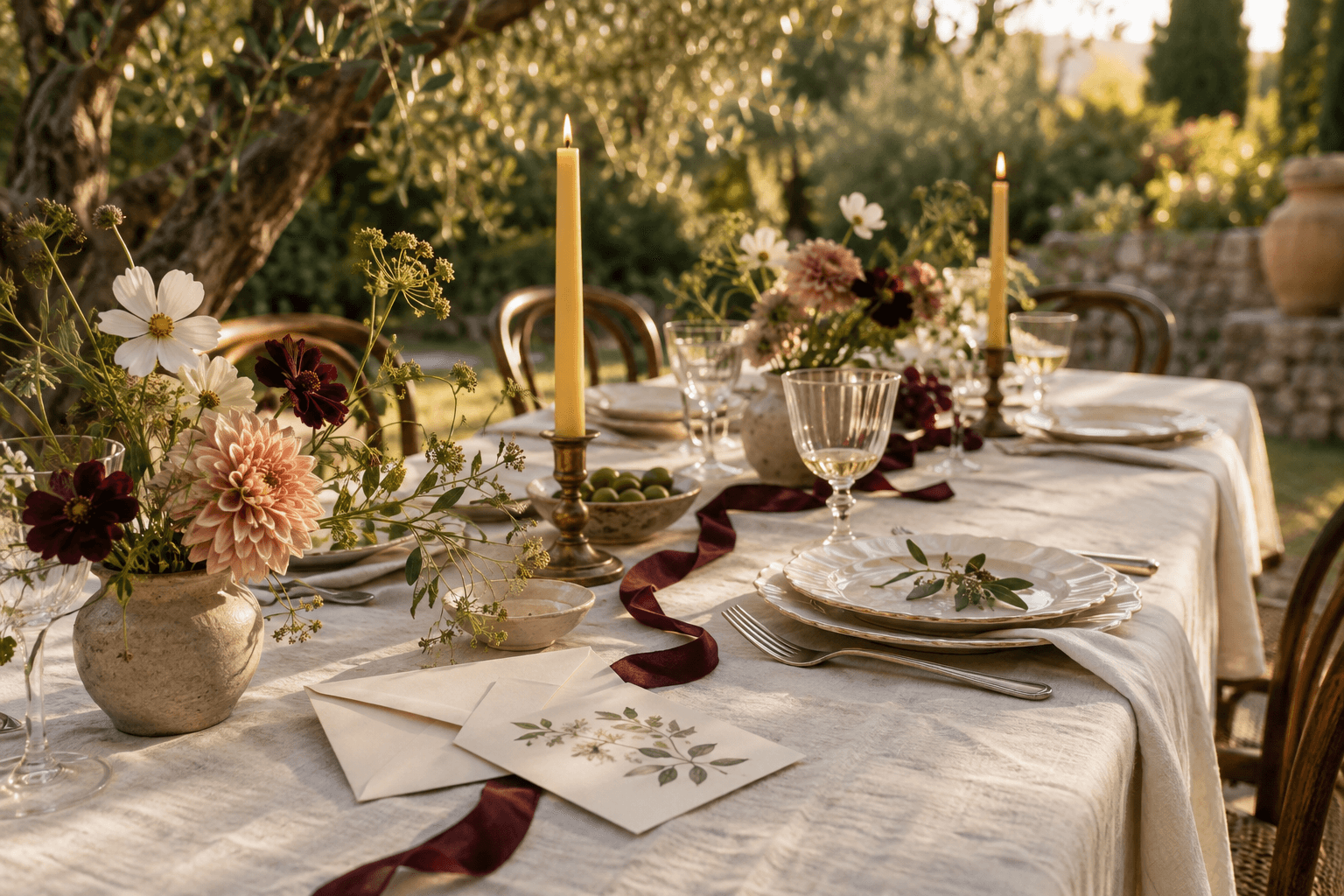 A long garden table at golden hour, set with linen, wildflowers, candles and a botanical invitation